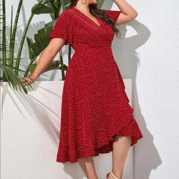Boho plus size red polka dot ruffle hem size tie midi dress